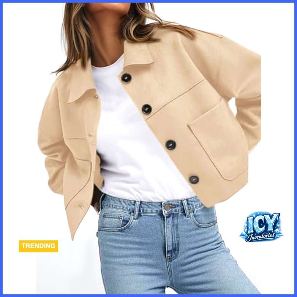 Faux Suede Cropped Jacket Lightweight Casual Fall Winter Outerwear - Picture 4 of 7